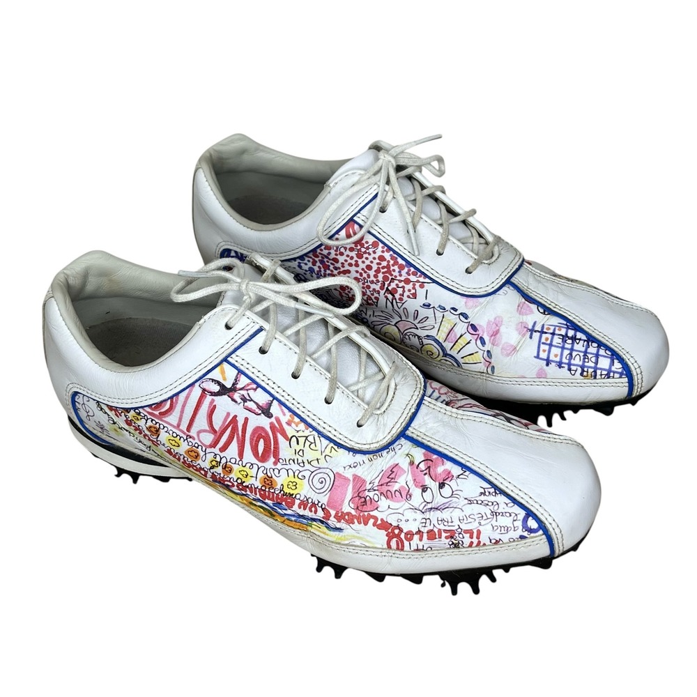 FootJoy LoPro Collection Women's Golf Shoes White Doodle Print Spiked 8.5 Wide